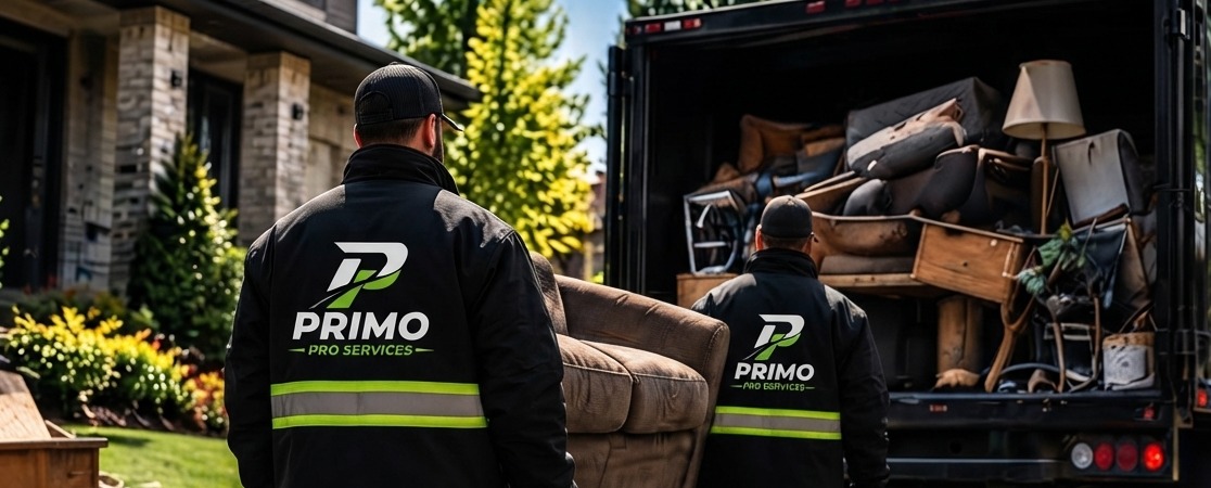 Two Primo Pro Services crew members in branded jackets carrying a couch to their truck