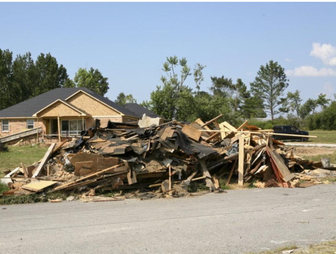 Demolition debris staged for haul-away