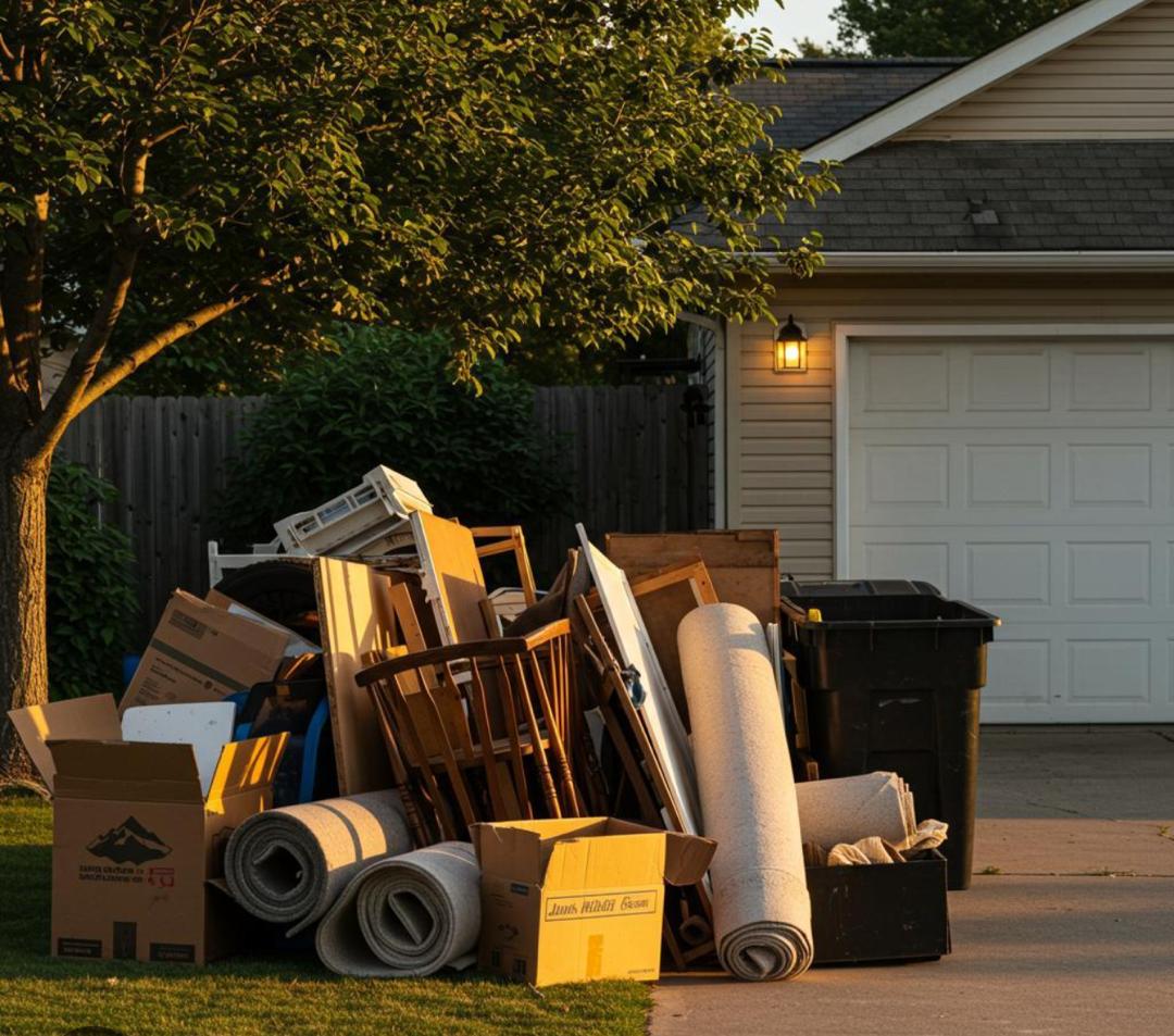 Household junk staged in a driveway for pickup
