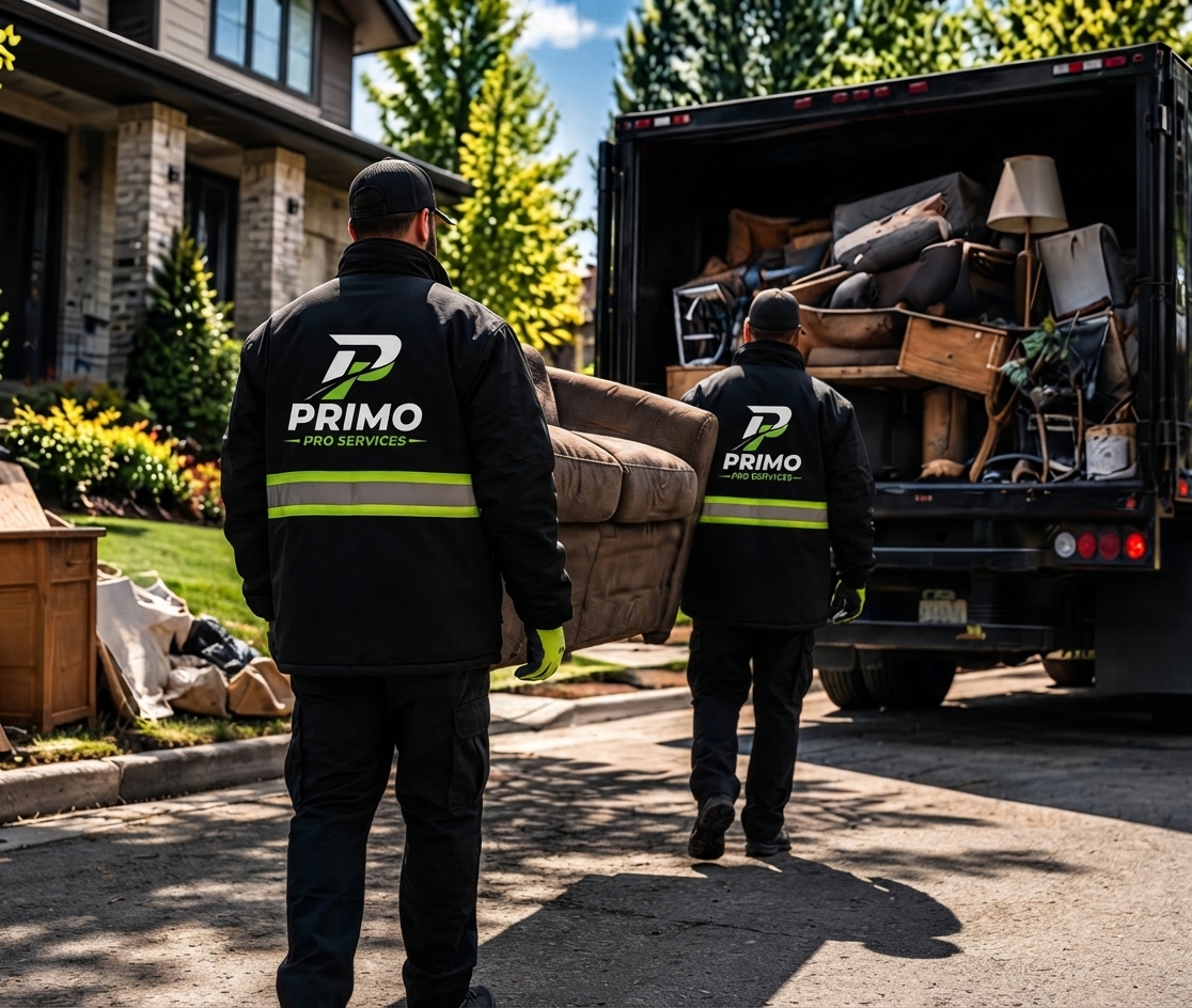 Two Primo crew members carrying a couch toward a loaded junk removal truck