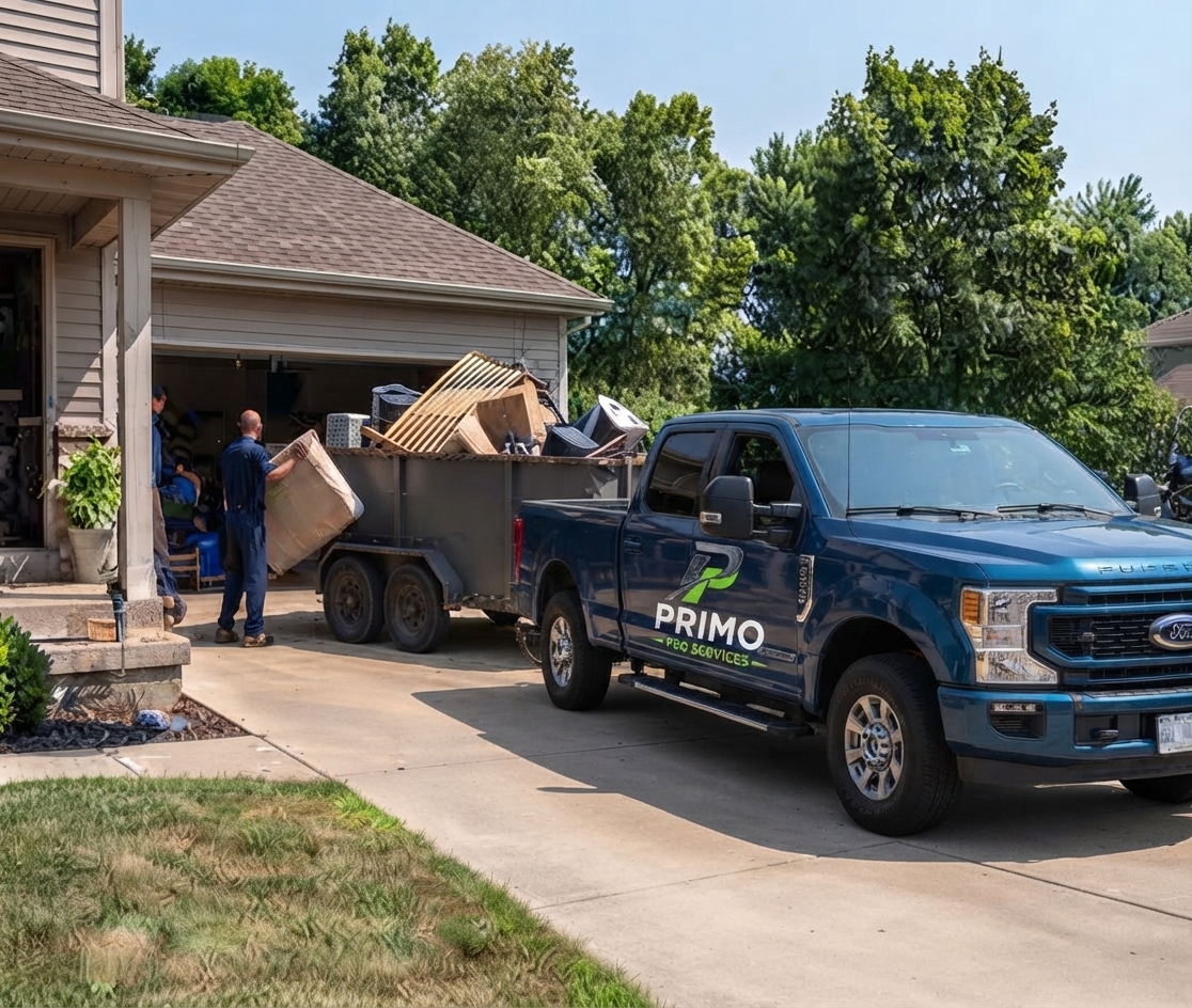 Primo Pro Services truck and trailer loading up items from a home garage