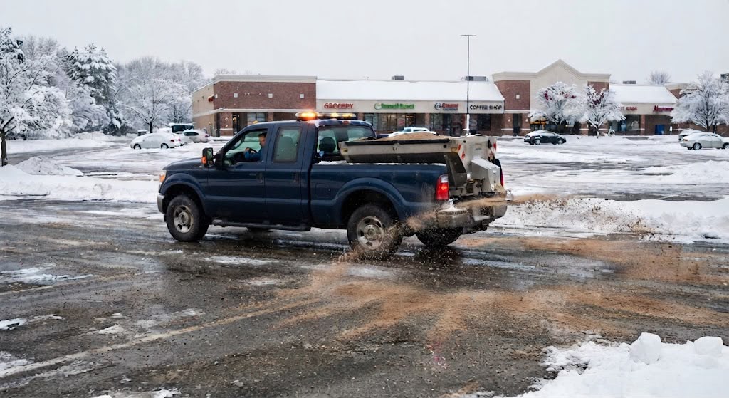 Truck sanding a commercial parking lot