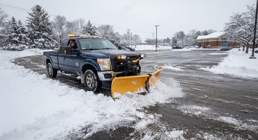 Plow truck clearing a commercial parking lot