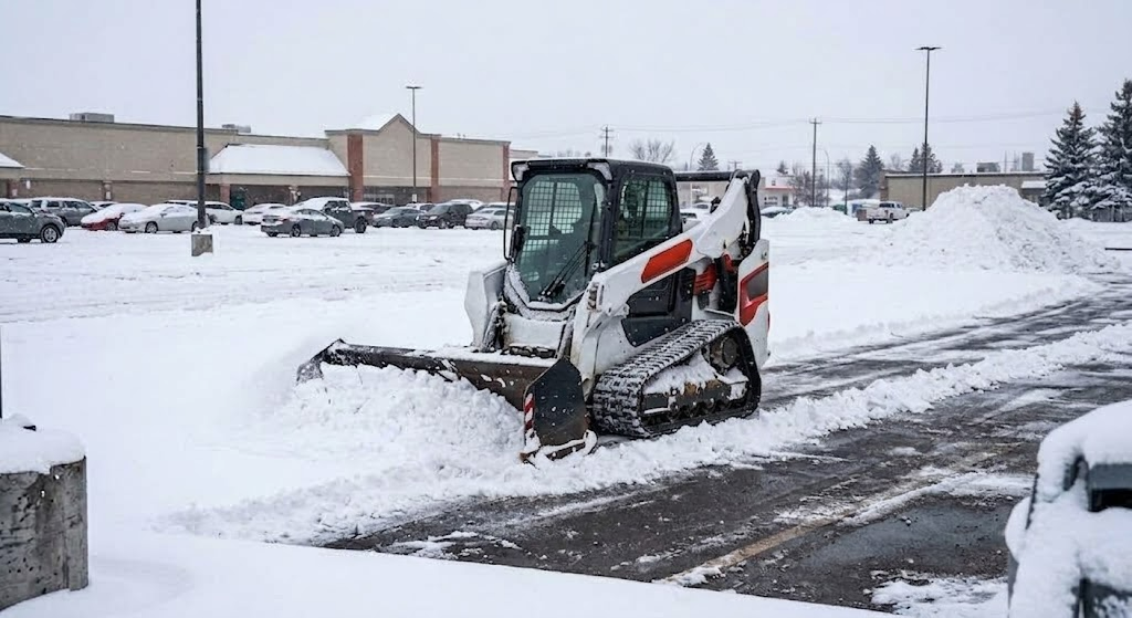 Skidsteer pushing snow on a commercial site
