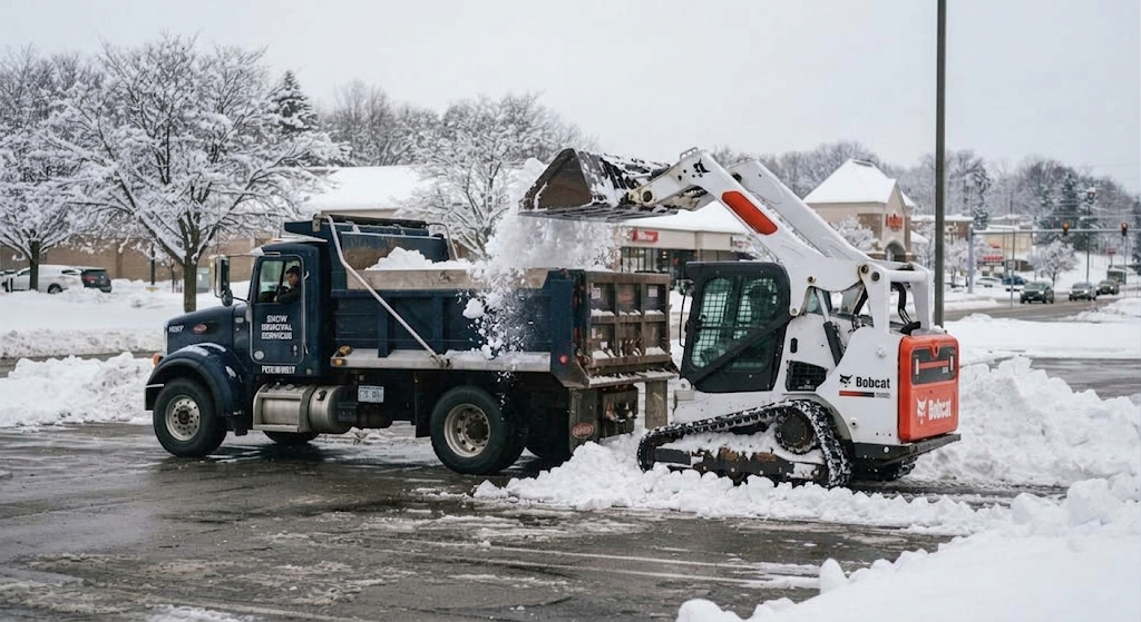 Skidsteer loading a dump truck with snow on a commercial site