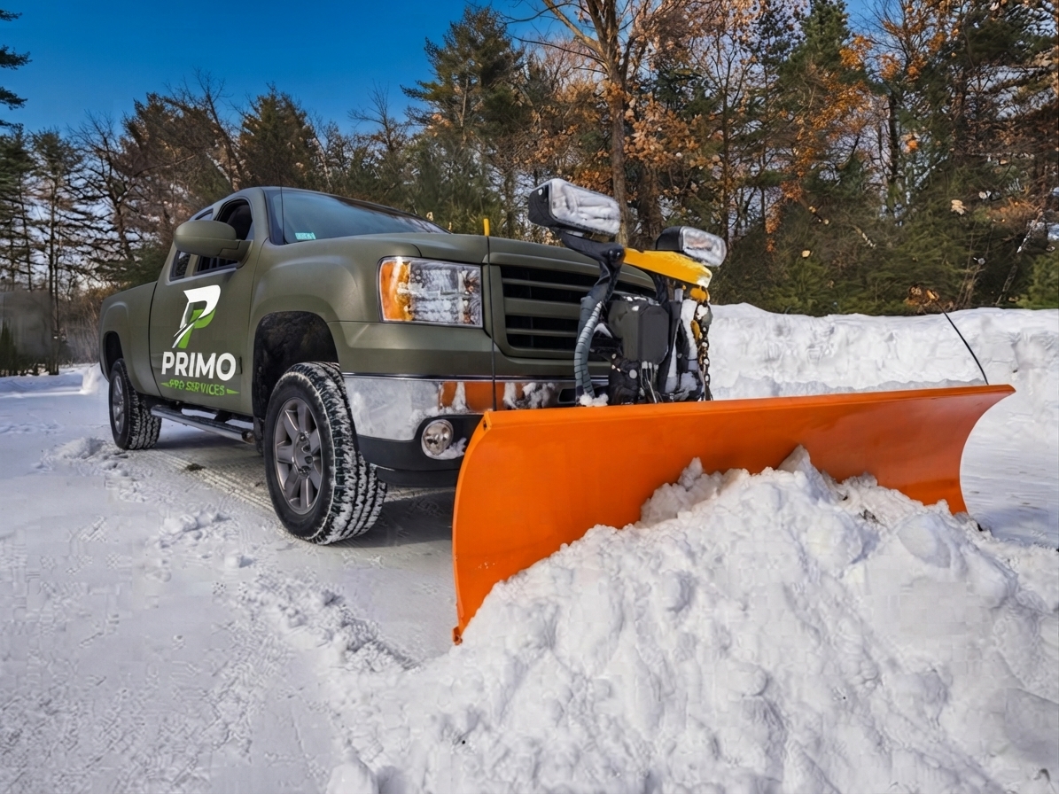 Primo Pro Services truck plowing a snowy driveway