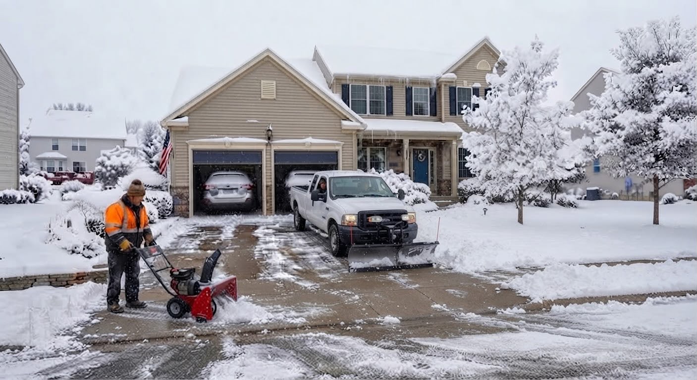 Crew clearing a wrap-around corner-lot driveway