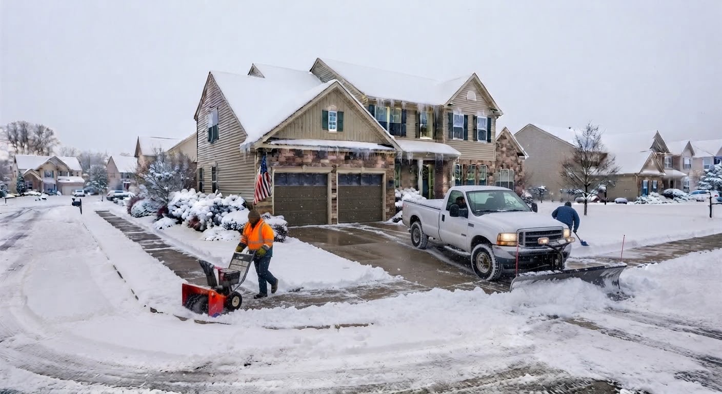 Crew clearing a double-wide residential driveway with a two-car garage