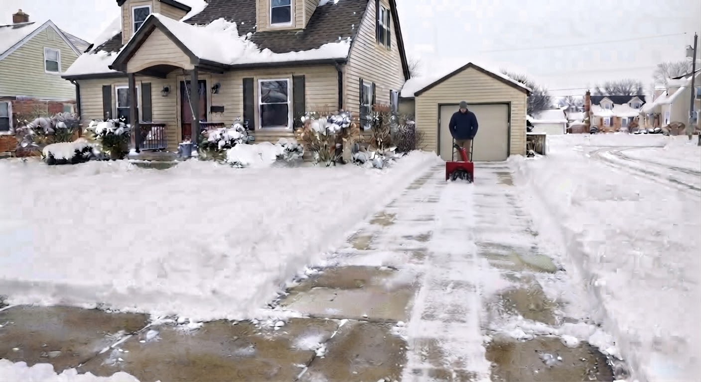 Snowblower clearing a single-car residential driveway