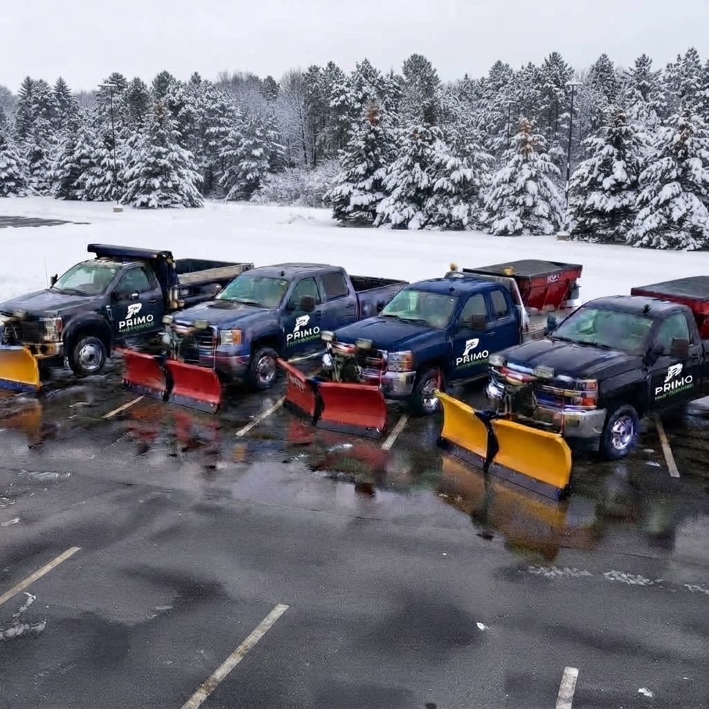 Fleet of Primo Pro Services trucks staged and ready